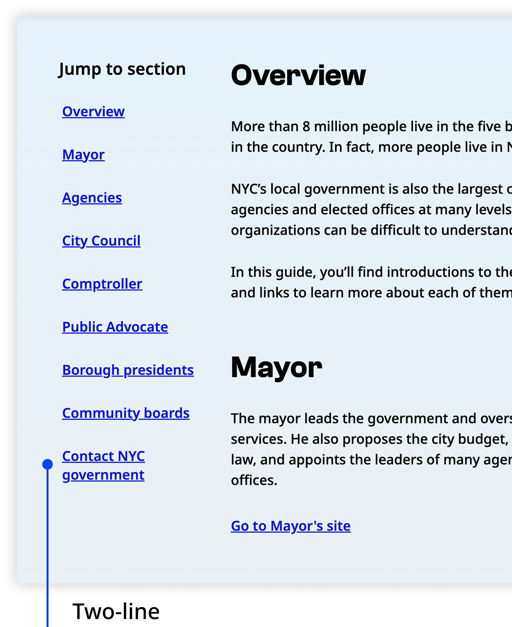 Desktop nyc.gov screenshot showing a long list of jump links. The final jump link "Contact NYC government" is displayed on two lines.